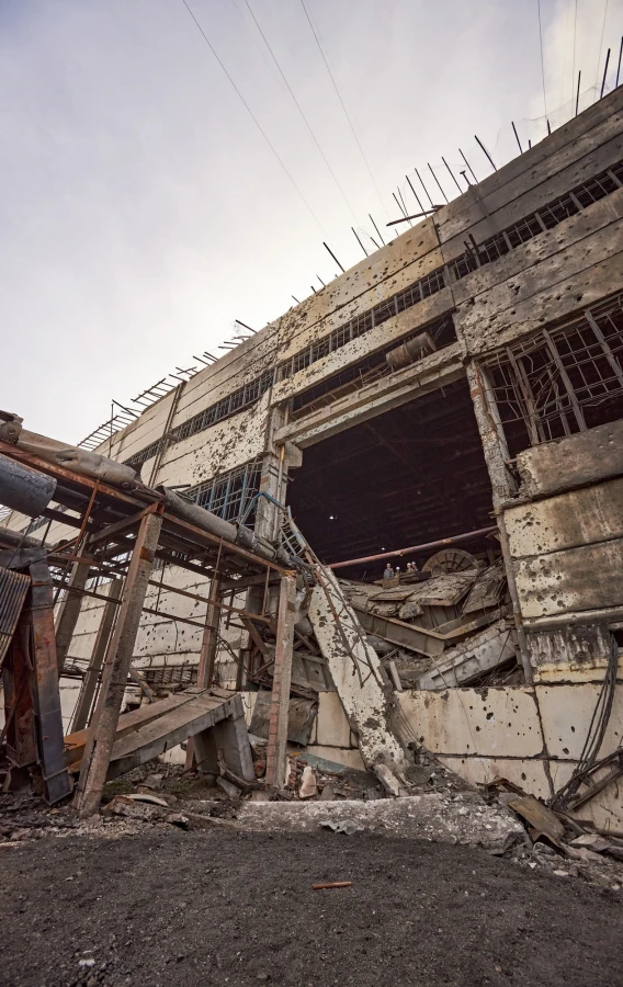 DTEK image of destruction caused by russian attacks against DTEK power station in March 2024. The precise location and date are not disclosed due to security restrictions.