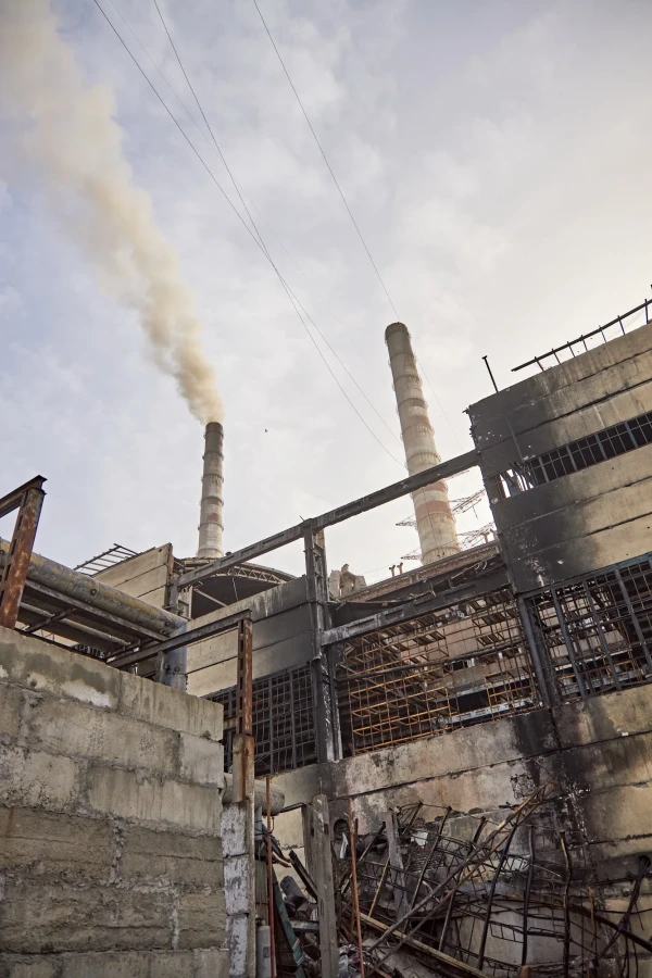 DTEK image of destruction caused by russian attacks against DTEK power station in March 2024. The precise location and date are not disclosed due to security restrictions.
