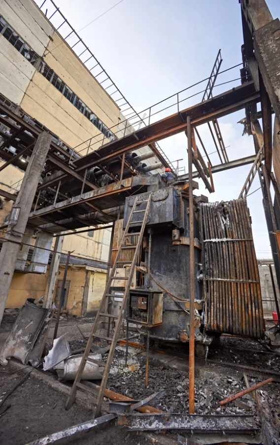 DTEK image of destruction caused by russian attacks against DTEK power station in March 2024. The precise location and date are not disclosed due to security restrictions.