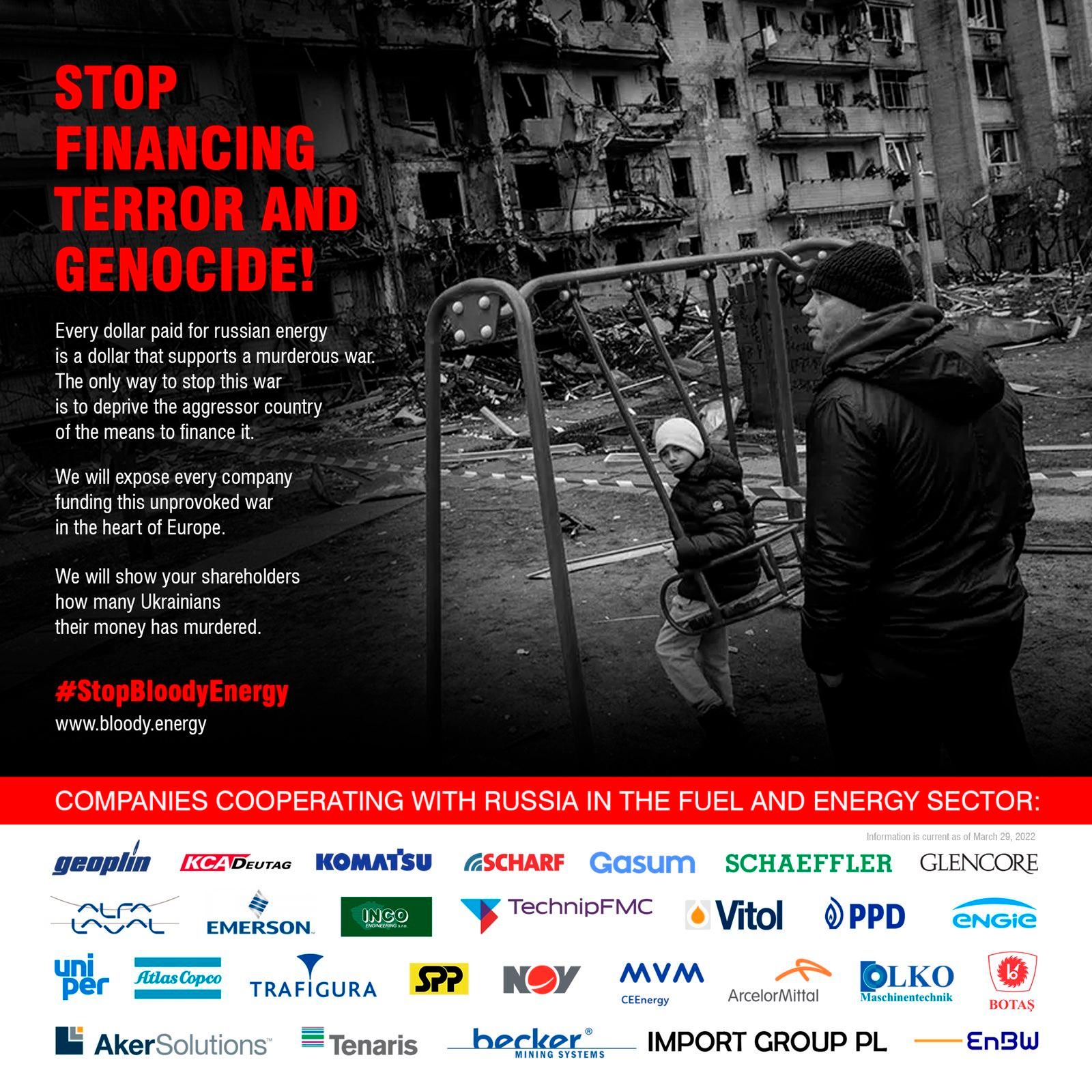 Ukrainian energy companies have launched Stop Bloody Energy, calling on the world to cease all cooperation with russia